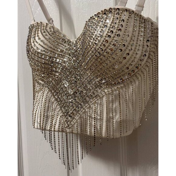 WINDSOR "I'M THE CATCH" WOMEN'S SEQUIN RHINESTONE FRINGE WHITE BUSTIER Sz SMALL - Picture 6 of 8